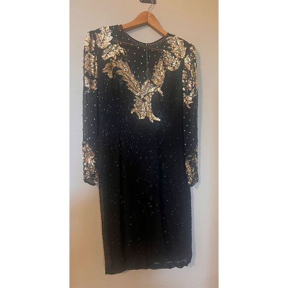 Vintage Jaqueline Ferrar 12 Sequin Beaded Sheath Dress Black Gold Party Cocktail - Picture 3 of 14